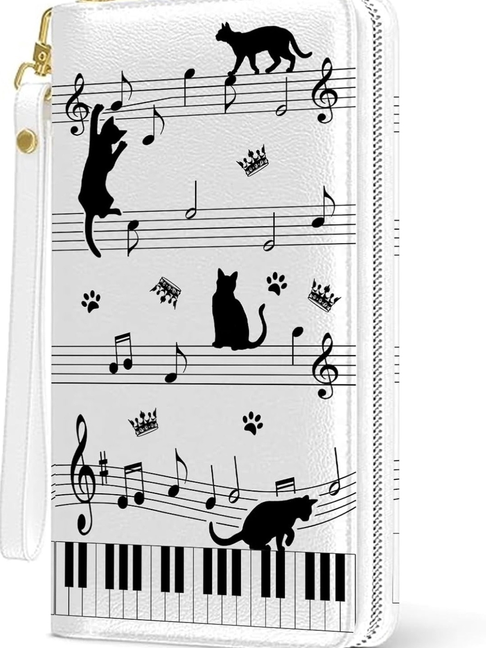 White Cat Music-Themed Zip Wallet - Cat Pattern